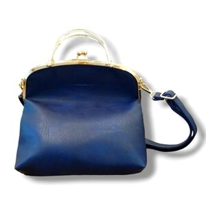 Navy & Gold Structured Kiss Lock Satchel | Top Handle Bag